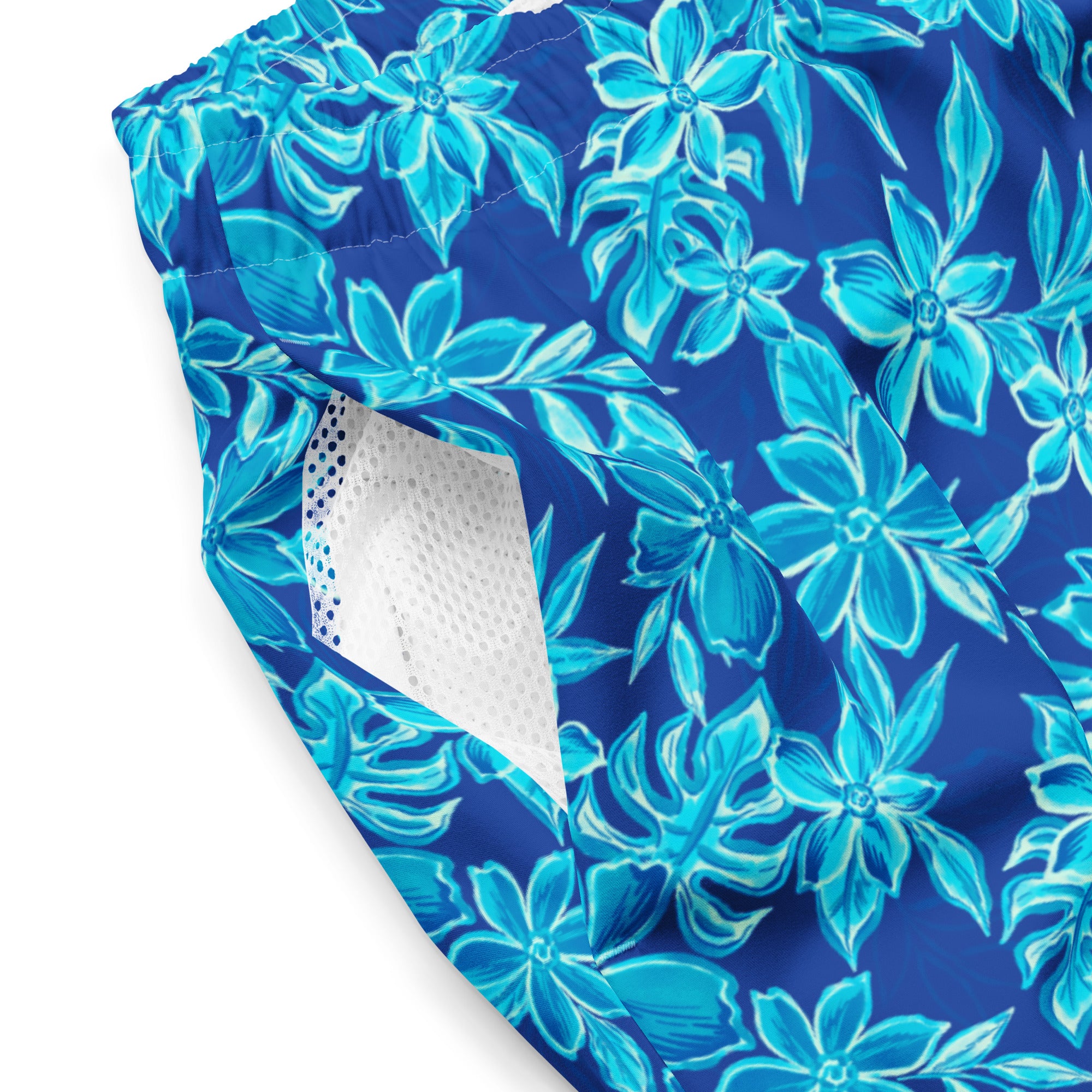 Blue floral-patterned swim shorts on a white background