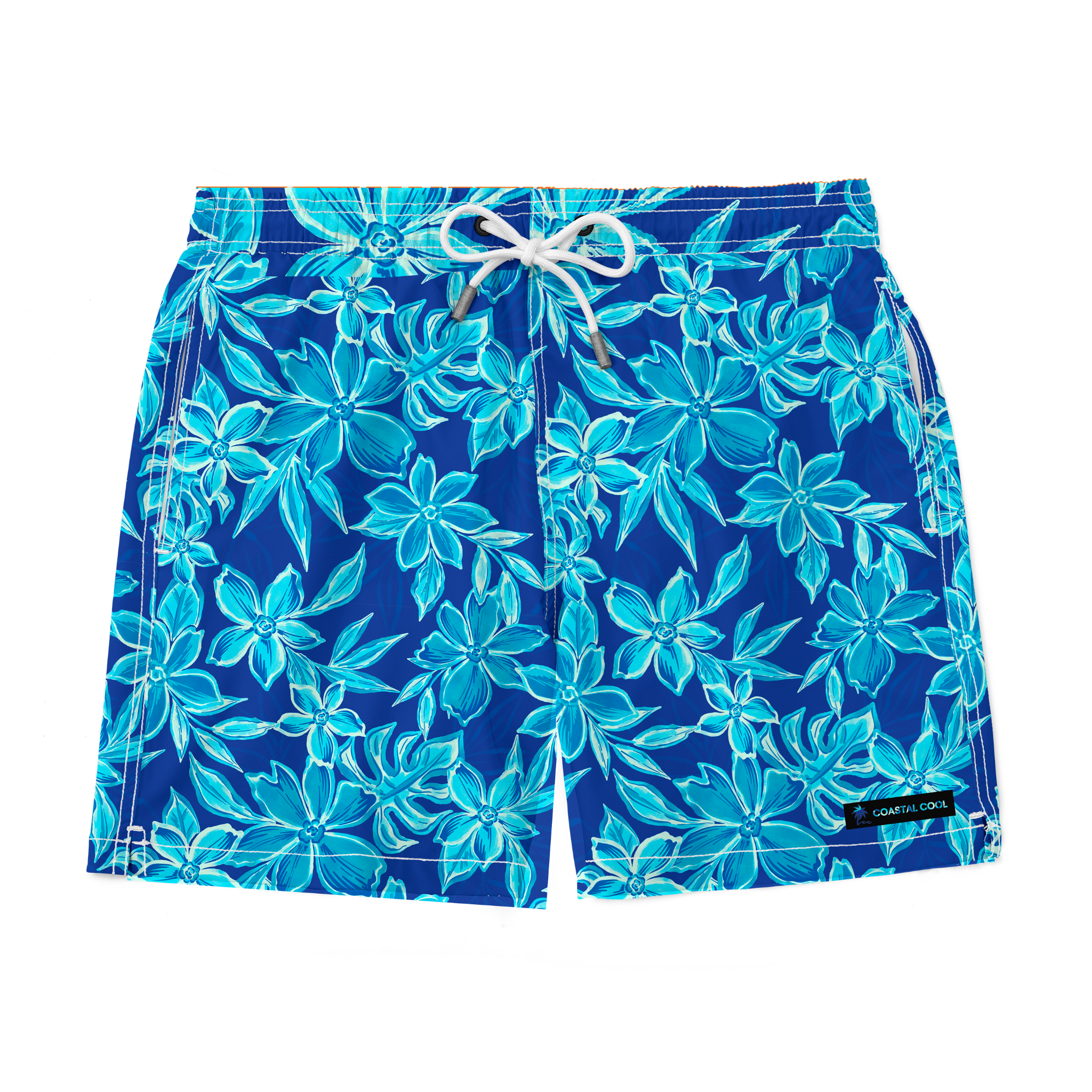 Blue floral-patterned swim shorts on a white background