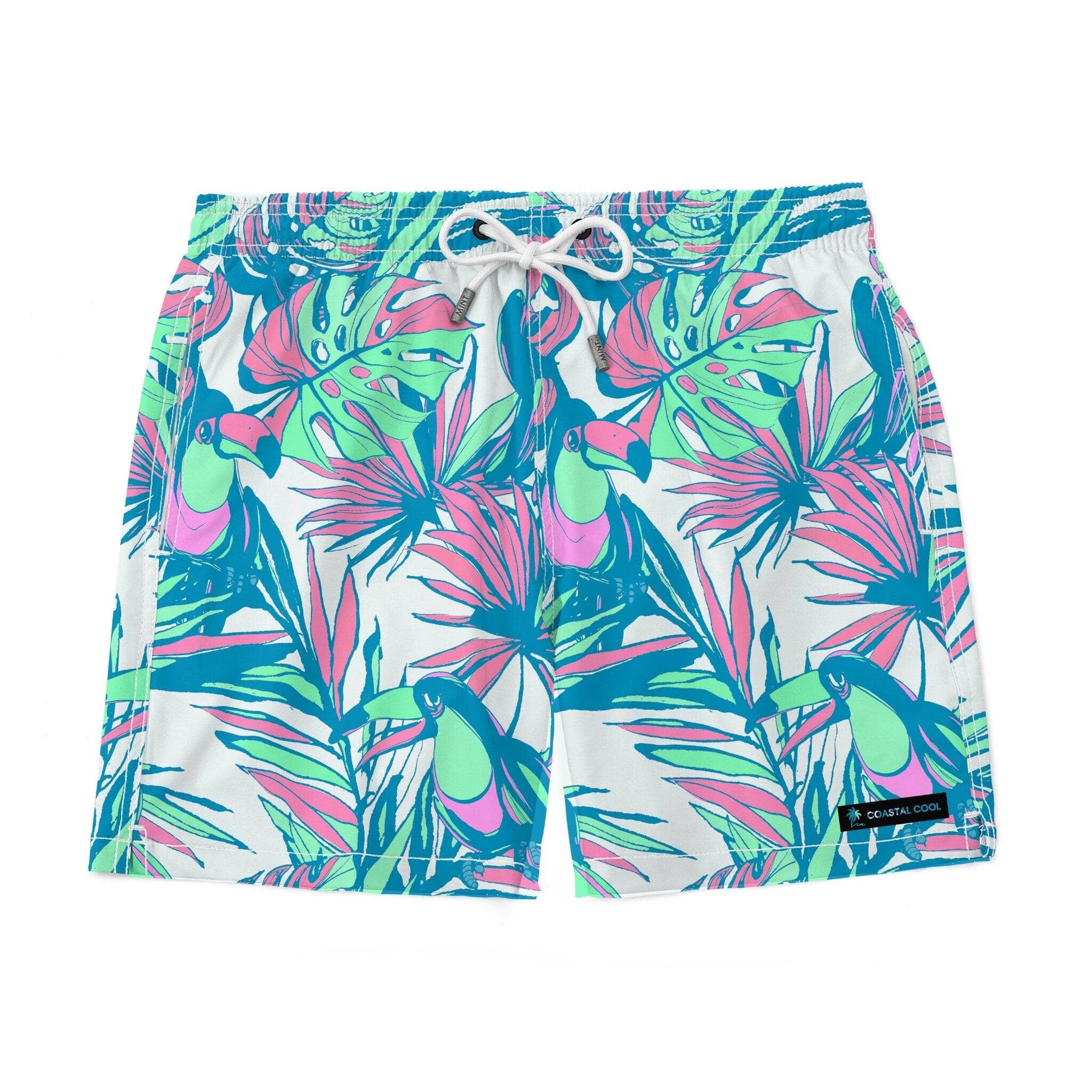 Toucan Do It White Swim Trunks-Coastal Cool-Recycled Swimsuits and Beachwear